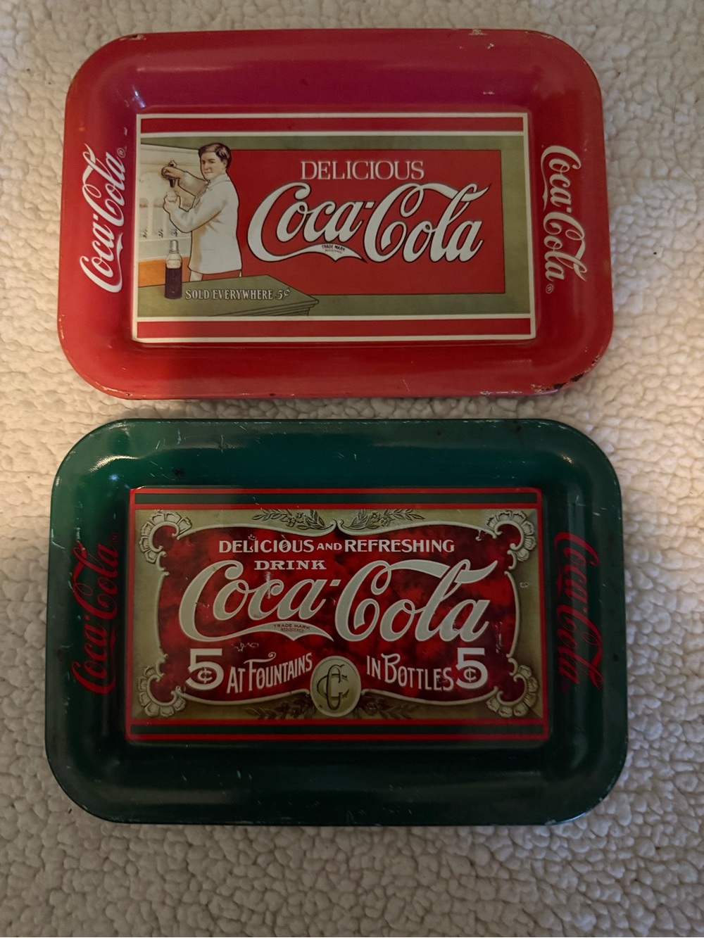 Vintage 1989 Coca Cola Red and Green Metal Serving Trays. Trolley car bundle